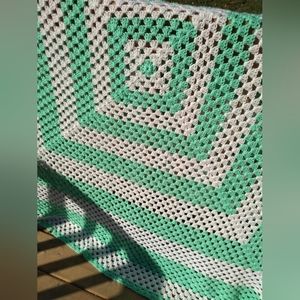 Vintage Handmade Crocheted Afghan, Green & White Square Pattern, 72 x 66…